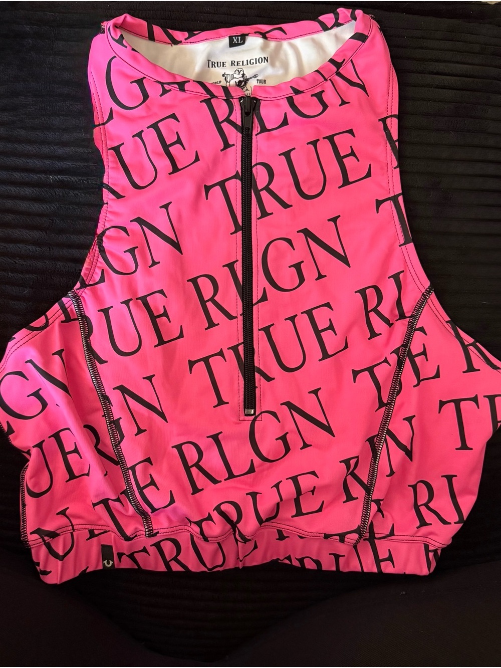 True Religion Hot Pink Logo Zip-Front Crop Top / sports bra